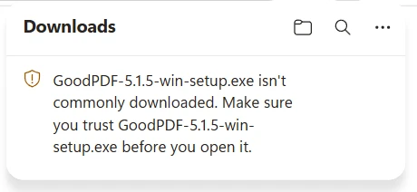 Microsoft Edge mostrant un avís de baixada per a l'instal·lador de GoodPDF