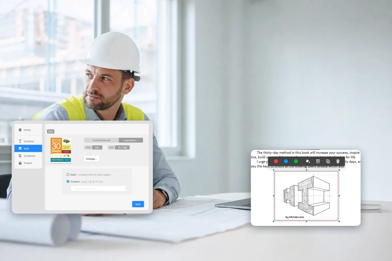 A site office desk at dusk with rolled technical drawings, a hard hat and a folding ruler