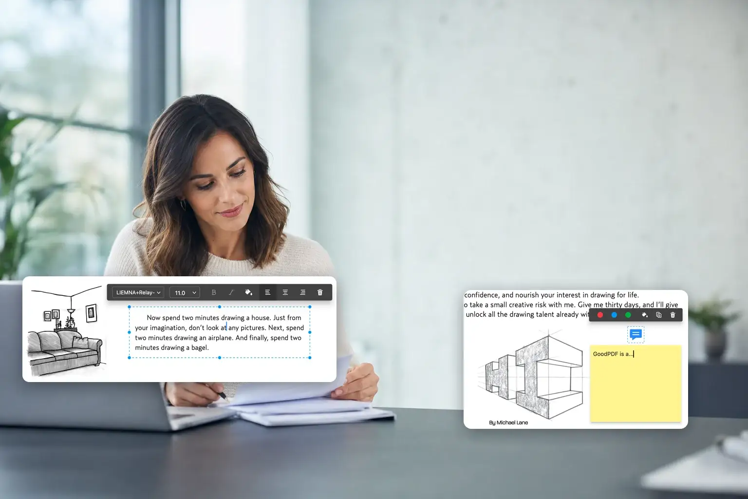 A person at a bright office desk reviewing printed documents beside a laptop, with GoodPDF editing panels shown alongside