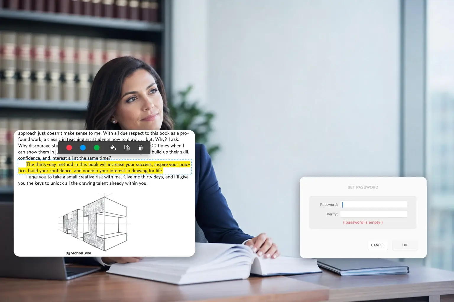 A law office desk with a thick bound contract, translucent tabs down the edge, a fountain pen and shelves of law reports behind