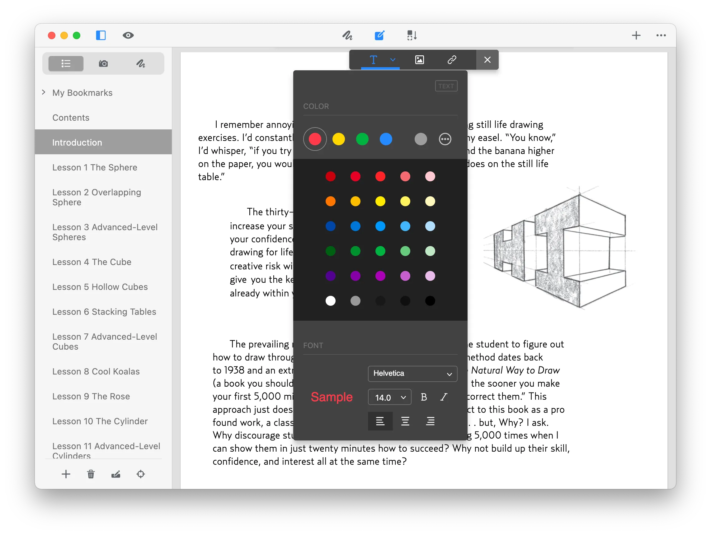 GoodPDF open on macOS: a PDF document with the bookmarks and contents sidebar on the left, and the text colour and font panel open over the page