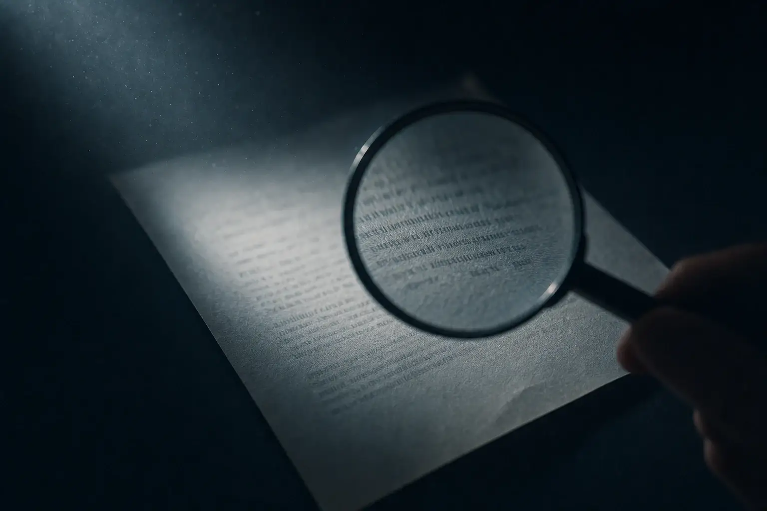 A magnifier held over a single paragraph of a printed page, the rest of the sheet in shadow