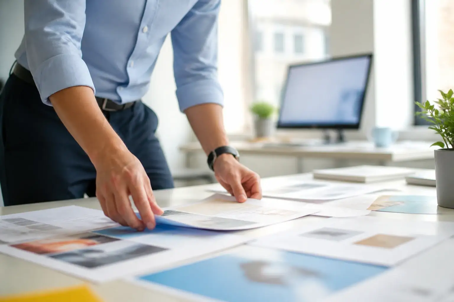 Printed pages fanned across a desk as they are being reordered by hand