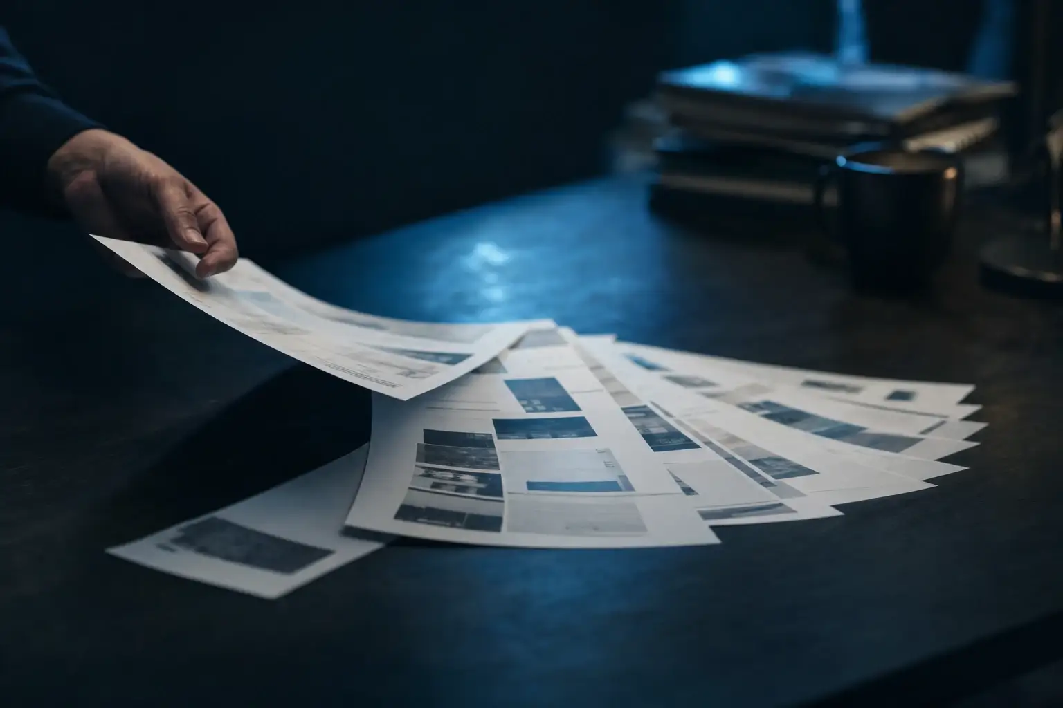 Printed pages fanned across a desk as they are being reordered by hand