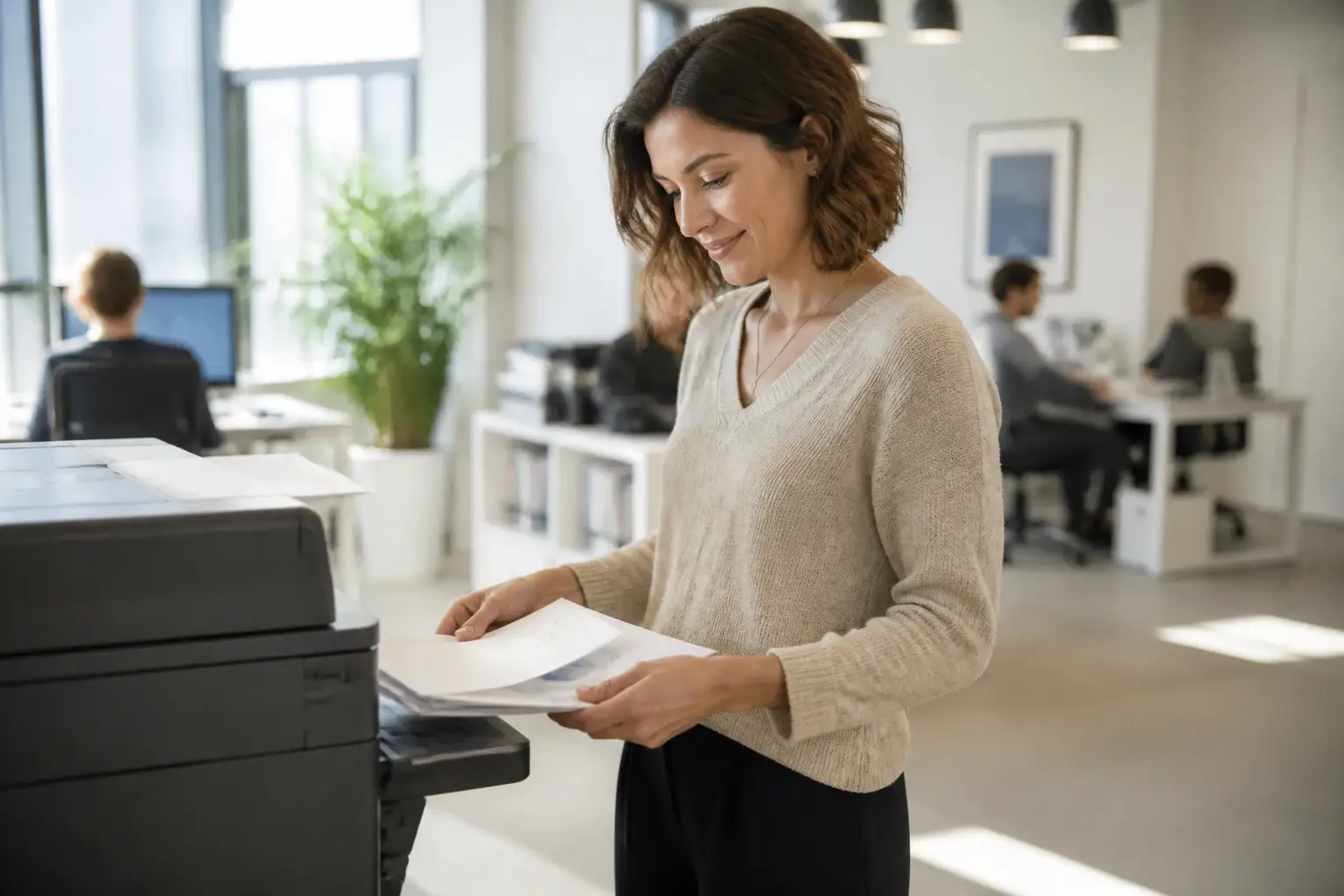A page emerging from an office printer with finished sheets stacked in the tray