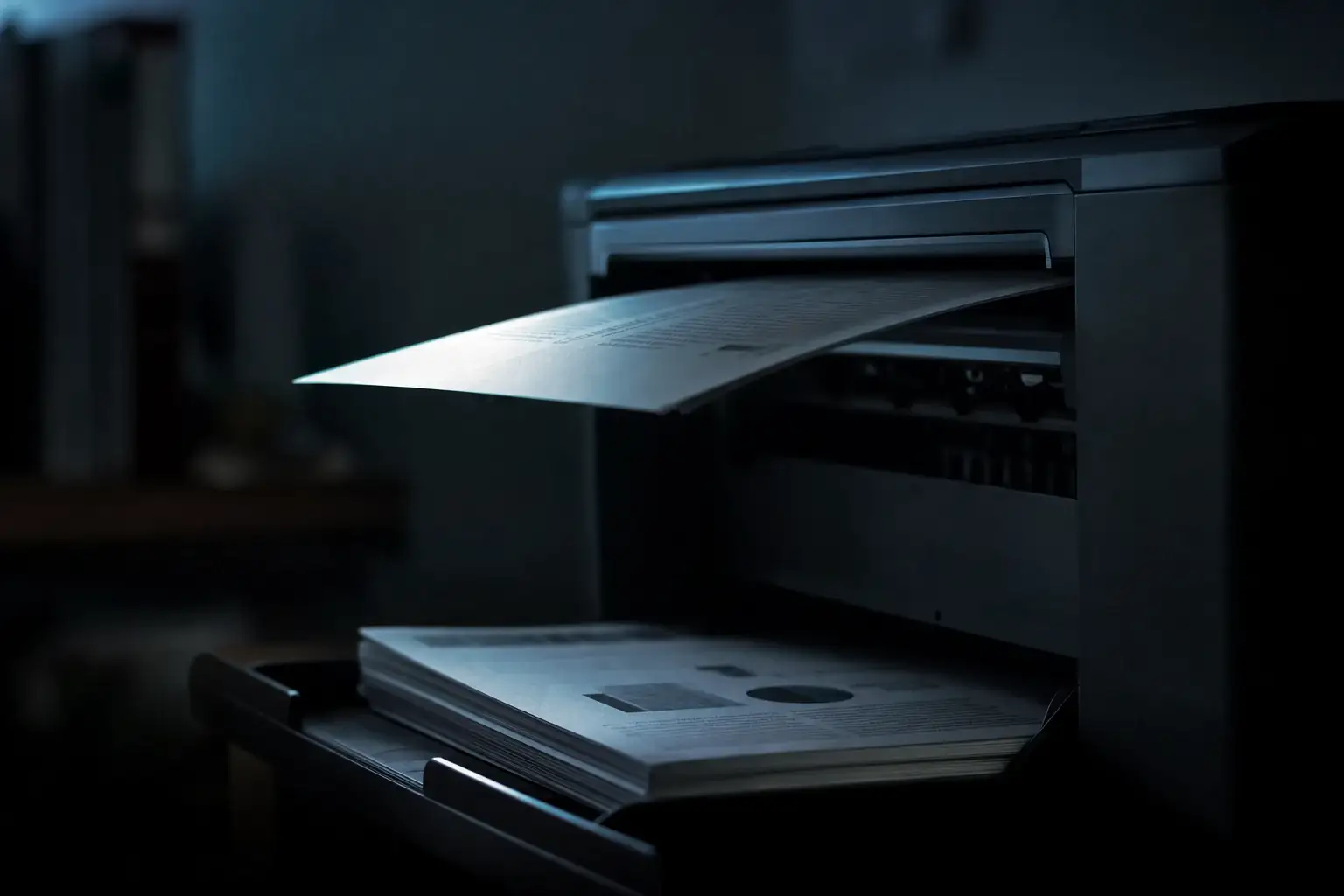 A page emerging from an office printer with finished sheets stacked in the tray