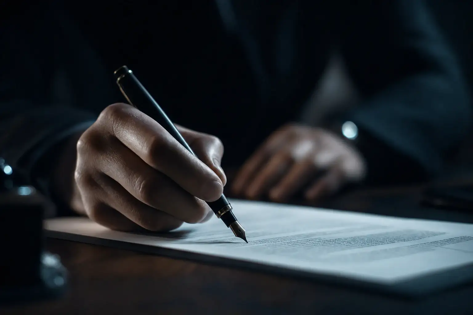 A hand signing the foot of a printed page with a black fountain pen
