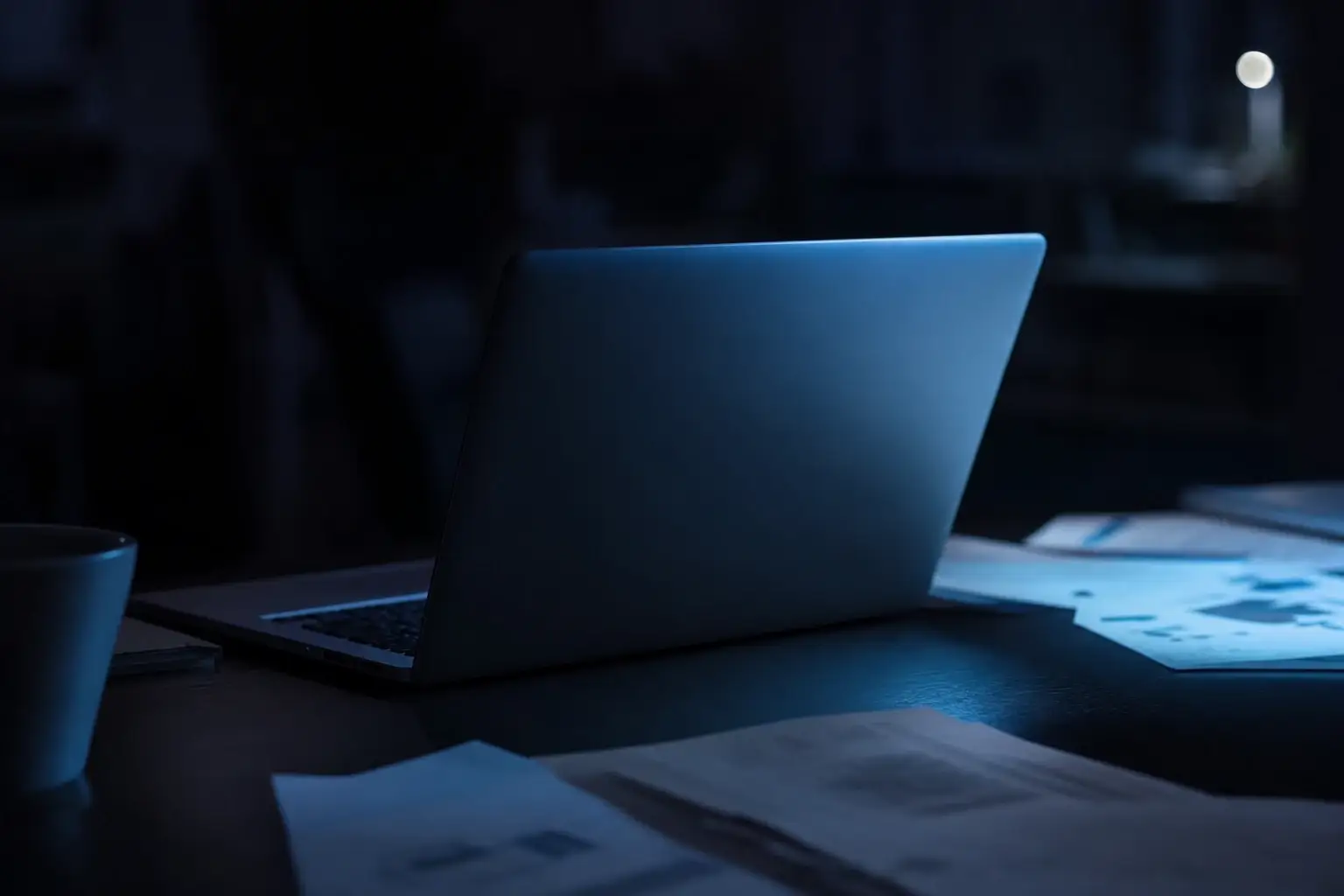 A laptop at night on a dark desk, its screen glow falling across scattered printed pages