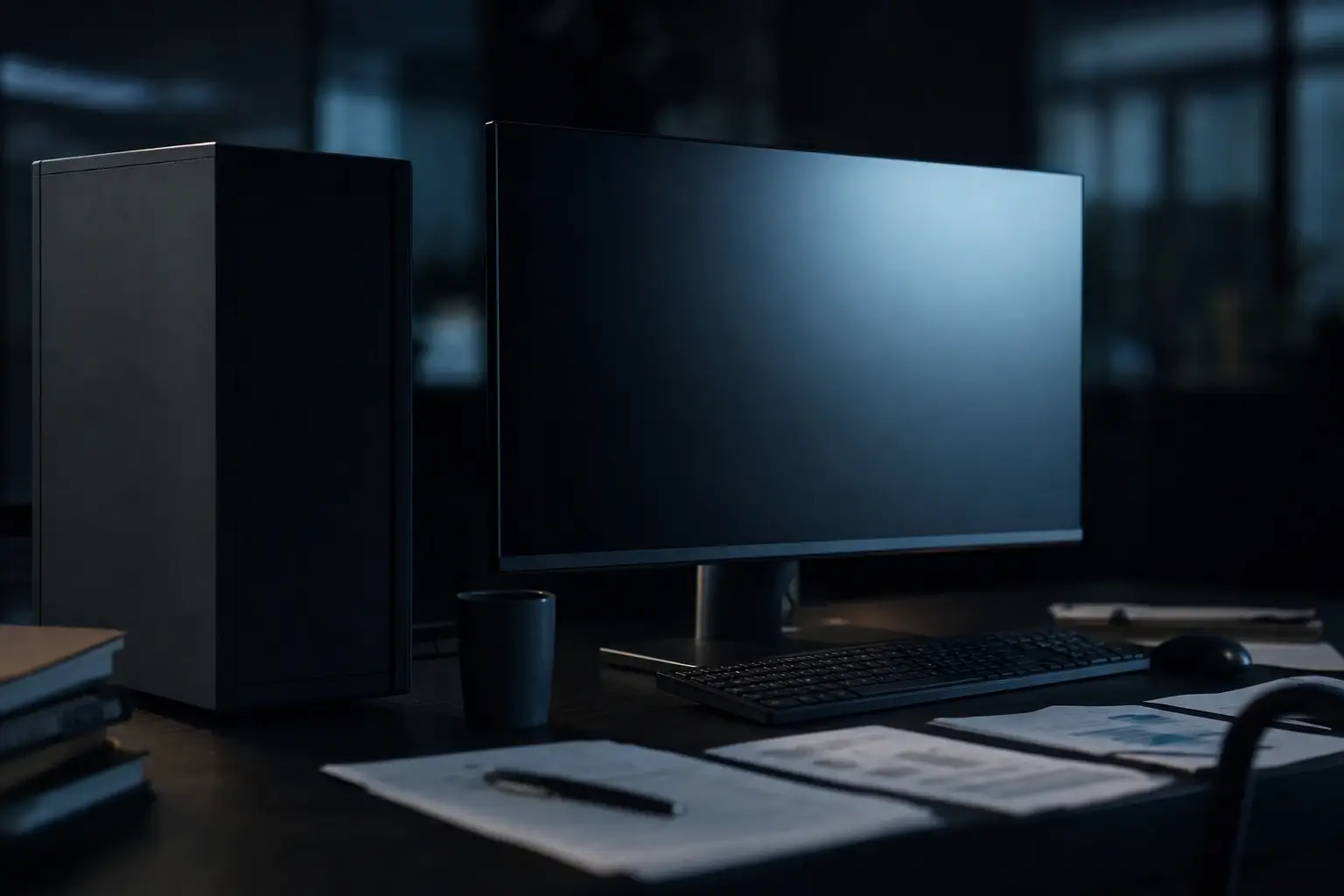 A desktop PC and monitor on a dark office desk with printed documents and a pen in front of the keyboard